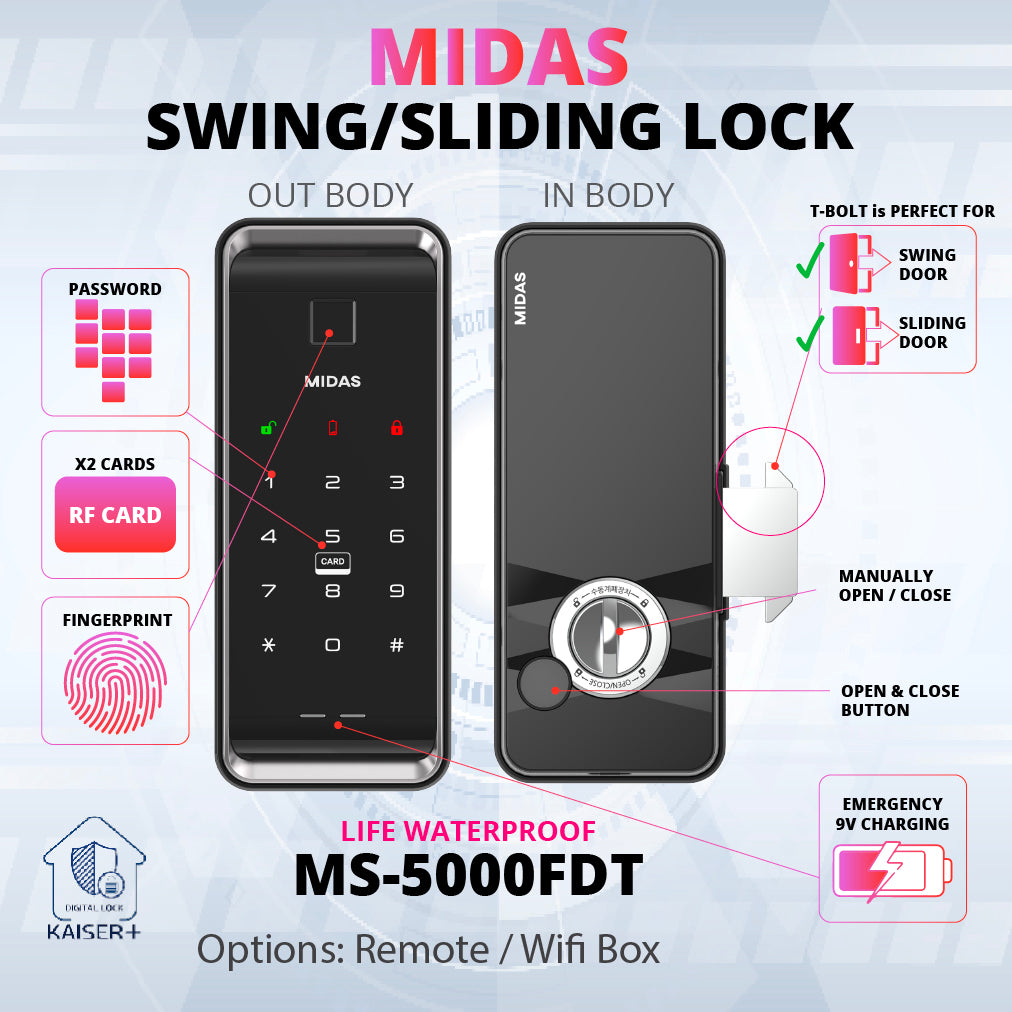 [Vertical Sliding Lock] MIDAS MS5000FDT, Fingerprint Smart Lock, WiFi Smart Lock, Optional Remote Control Door Lock, Digital Lock