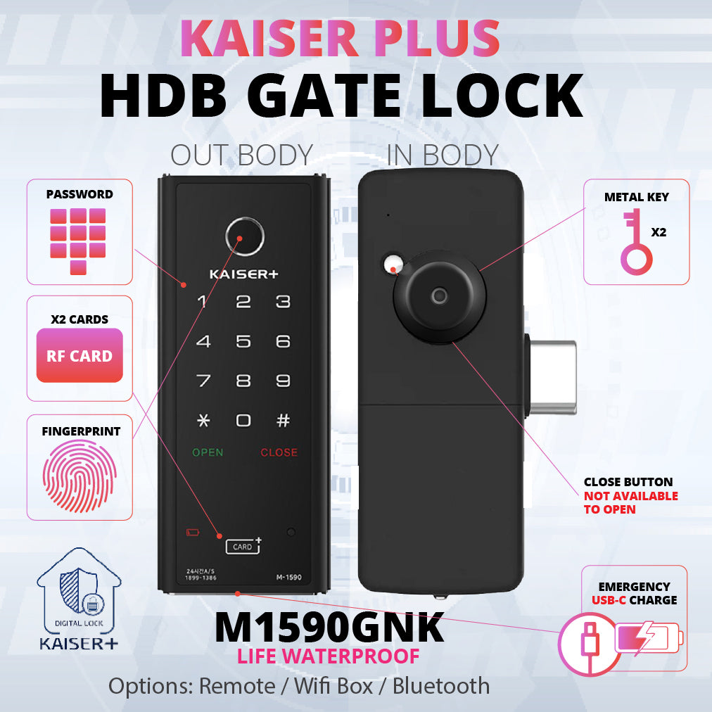 [HDB Gate Lock] M1590GNK  Digital Smart Lock with PIN, RFID Card, Fingerprint | Remote Control & IoT (BLE + WiFi) | Dementia, Nursing Home, Prison Use | Made in Korea
