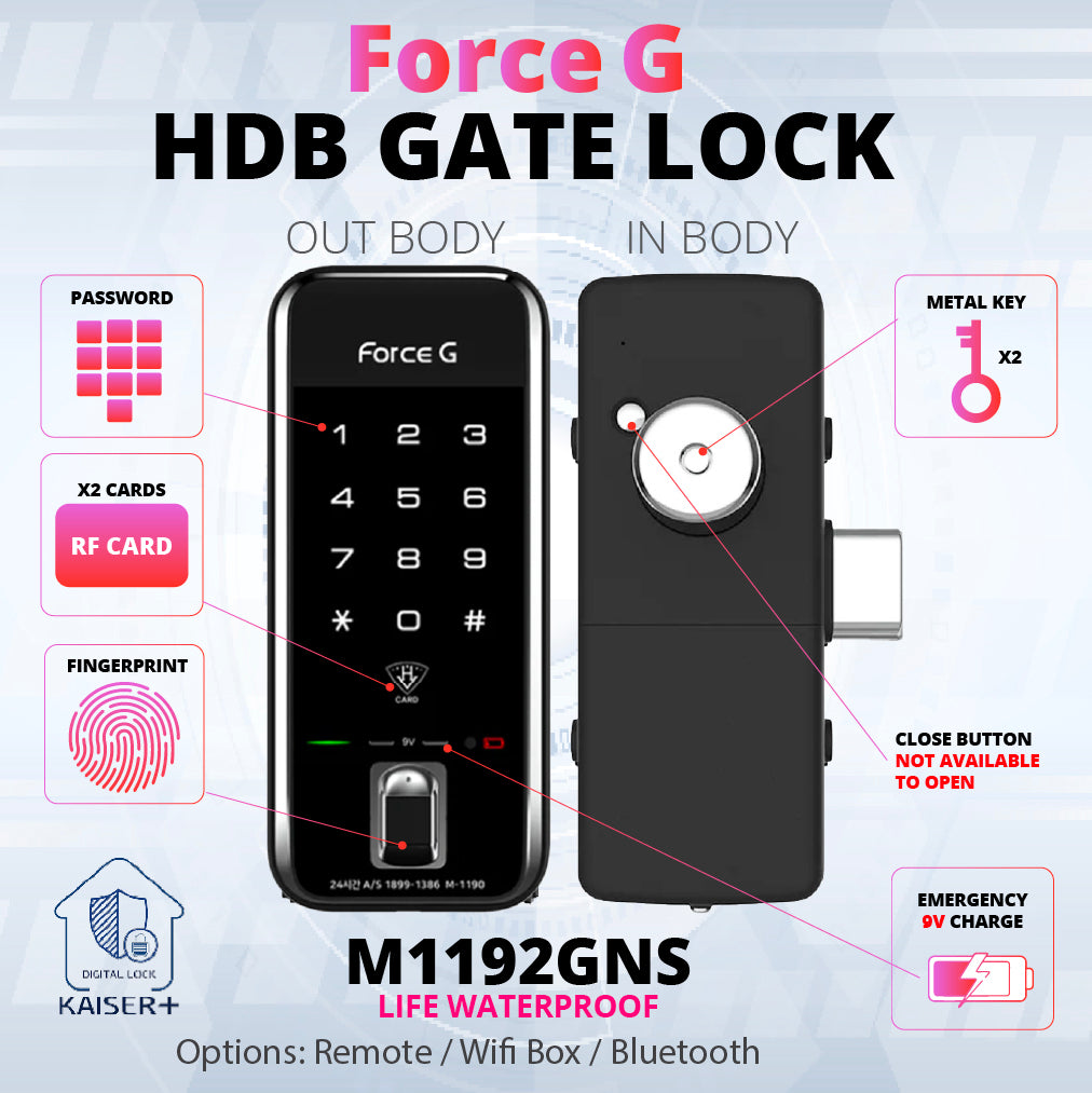 [HDB Gate Lock] M1192GNK  Digital Smart Lock with PIN, RFID Card, Fingerprint |Optional Remote IoT (WiFi) | Dementia, Nursing Home, Prison Use | Made in Korea