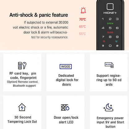 [Room Door Lock] HIONE PLUS H6480 / H6480F | Wooden & Room Door | PIN, Card, Fingerprint, Emergency Key | Remote, IoT, BLE, WiFi, Bluetooth | No-Drill Smart Door Lock