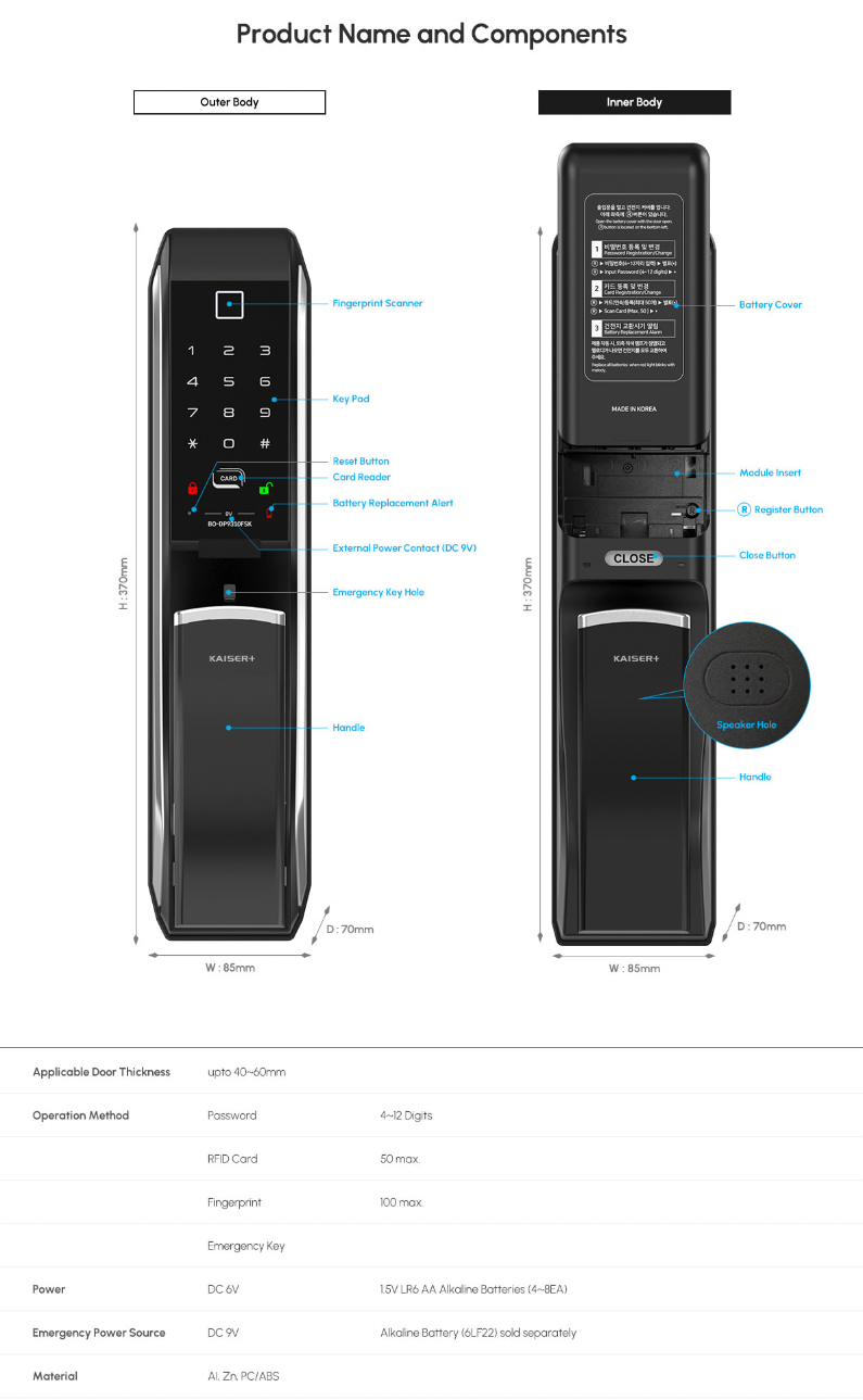 [PushPull]KAISER PLUS MS931FSK Premium Digital Push-Pull Door Lock | Euro Large Motise Smart Door Lock with PIN, RFID, Fingerprint, Emergency Key | Luxury Made in Korea Smart Lock | Motise, Remote Control, Wi-Fi & BLE IoT Options