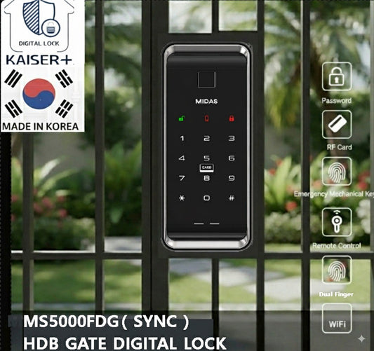 [HDB Gate Lock] MIDAS MS5000FDG  Digital Smart Lock with PIN, RFID Card, Fingerprint | Remote Control & IoT (BLE + WiFi) | Dementia, Nursing Home, Prison Use | Made in Korea