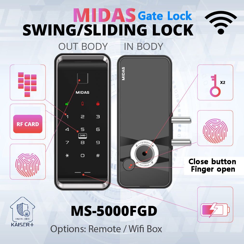 [HDB Gate Lock] MIDAS MS5000FDG  Digital Smart Lock with PIN, RFID Card, Fingerprint | Remote Control & IoT (BLE + WiFi) | Dementia, Nursing Home, Prison Use | Made in Korea