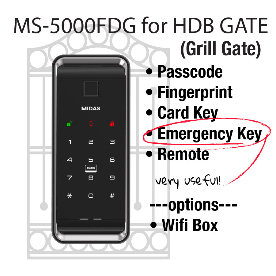 [HDB Gate Lock] MIDAS MS5000FDG  Digital Smart Lock with PIN, RFID Card, Fingerprint | Remote Control & IoT (BLE + WiFi) | Dementia, Nursing Home, Prison Use | Made in Korea