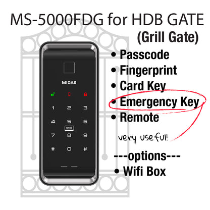 [HDB Gate Lock] MIDAS MS5000FDG  Digital Smart Lock with PIN, RFID Card, Fingerprint | Remote Control & IoT (BLE + WiFi) | Dementia, Nursing Home, Prison Use | Made in Korea